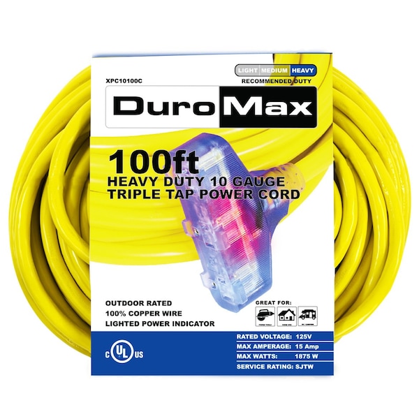 Duromax SJTW Extension Cord, 10 AWG, Outdoor, 3 Outlets, Yellow, 100 ft - XPC10100C