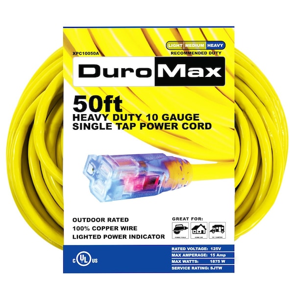 Duromax SJTW Extension Cord, 10 AWG, Outdoor, 1 Outlets, Yellow, 50 ft - XPC10050A