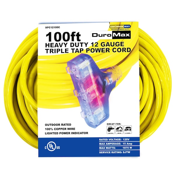 Duromax SJTW Extension Cord, 12 AWG, Outdoor, 3 Outlets, Yellow, 100 ft - XPC12100C