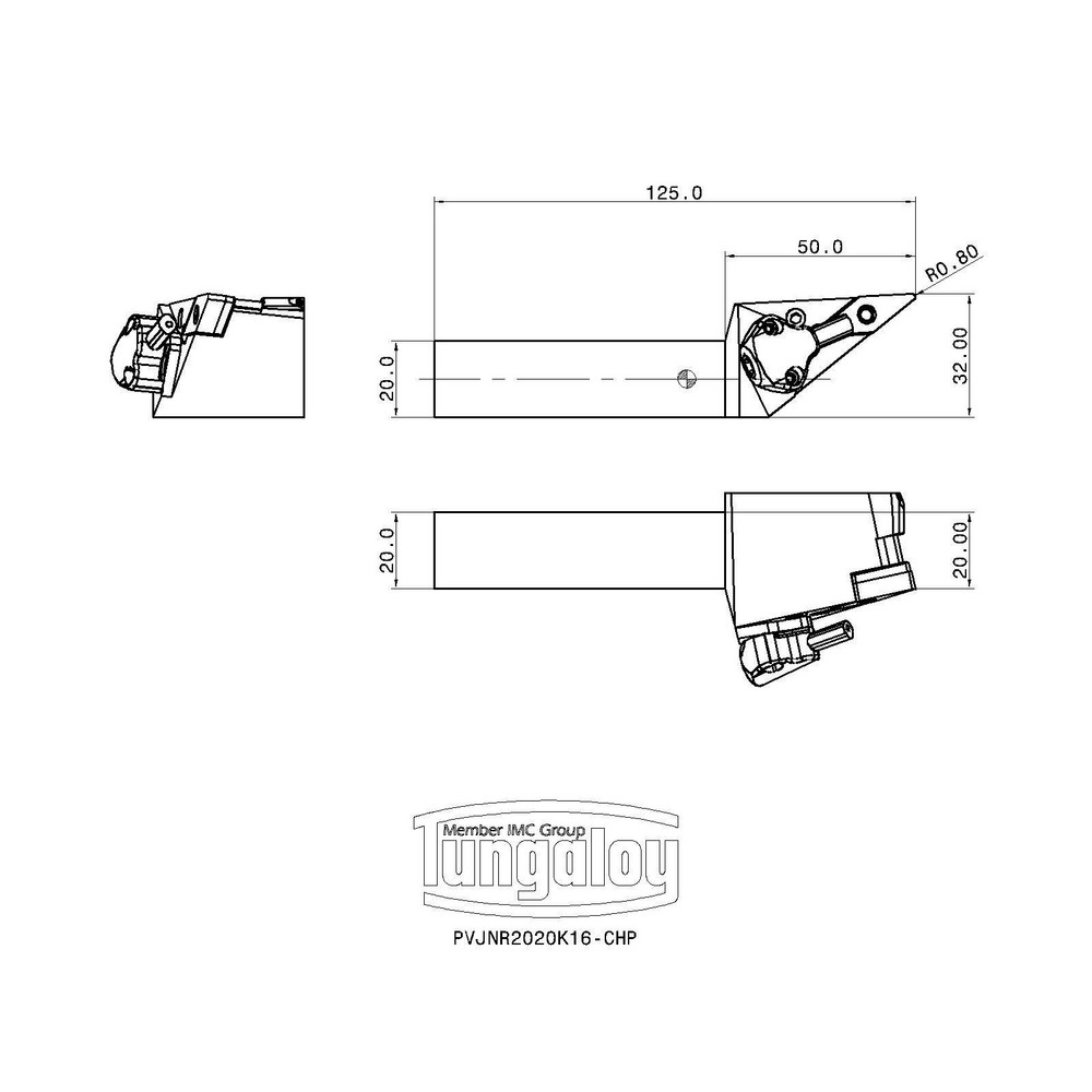 Tungaloy Indexable Turning Toolholder: PVJNR2020K16-CHP, 93 deg Lead Angle, Lever - 6755222
