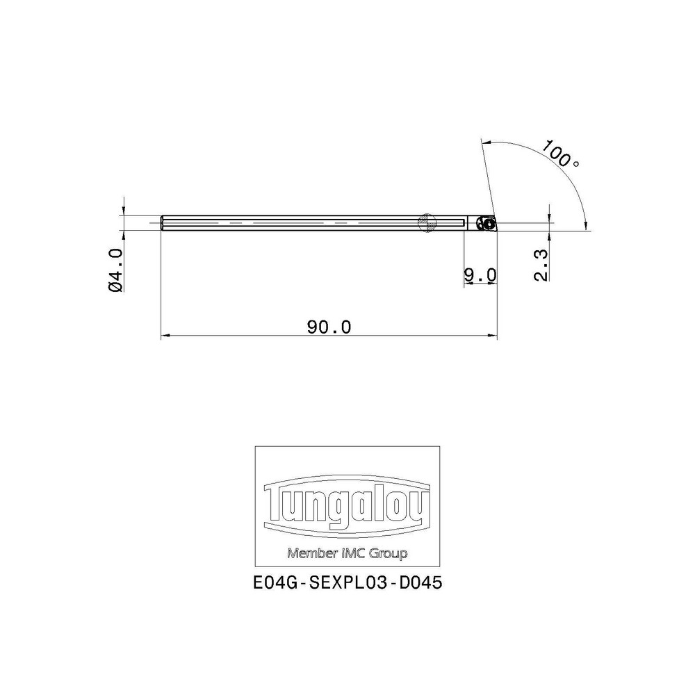 Tungaloy Indexable Boring Bar: E04G-SEXPL03-D045, 4.50 mm Min Bore, 4.00 mm Shank Dia, 100 deg Lead, Solid Carbide - 6862284