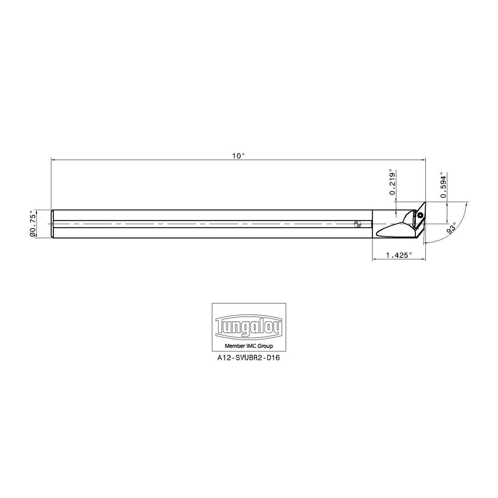 Tungaloy Indexable Boring Bar: A12-SVUBR2-D16, 1" Min Bore, 3/4" Shank Dia, 93 deg Lead, Steel - 6854286
