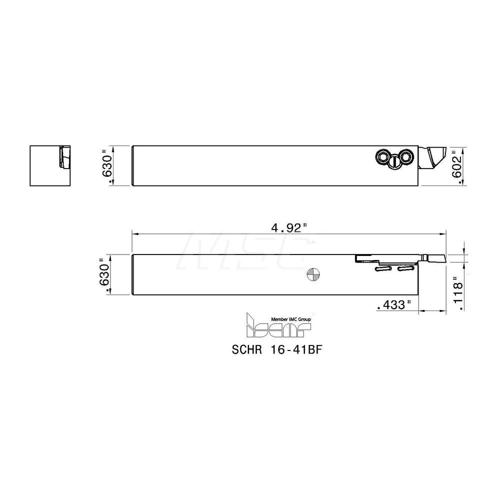 Iscar Indexable Grooving-Cutoff Toolholder: SCHR 16-41BF, 1 to 3 mm Groove Width, 11 mm Max Depth of Cut, Right Hand - 3333598