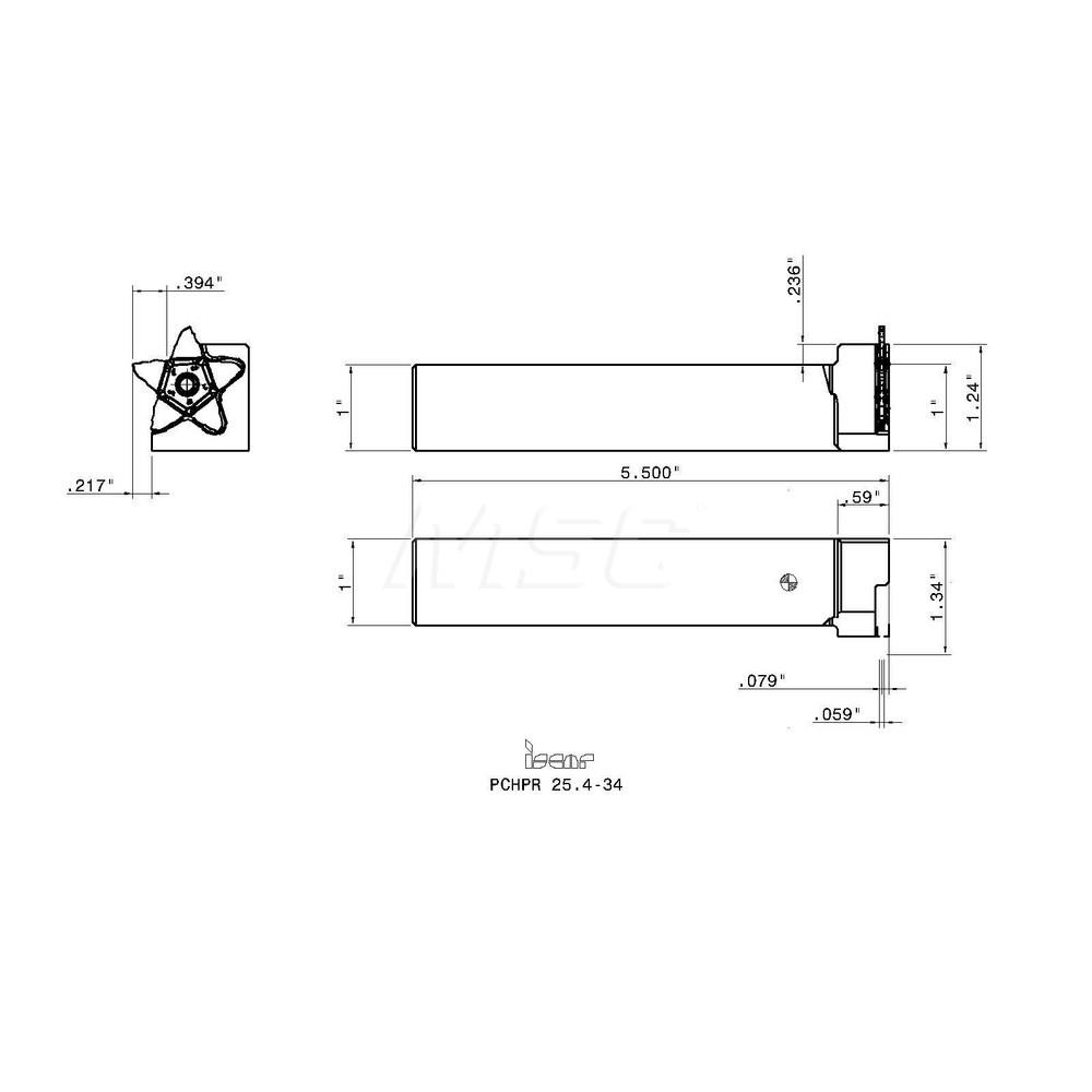 Iscar Indexable Grooving-Cutoff Toolholder: PCHPR25.4-34, 1.4 mm Min Groove Width, 10 mm Max Depth of Cut, Right Hand - 2302331