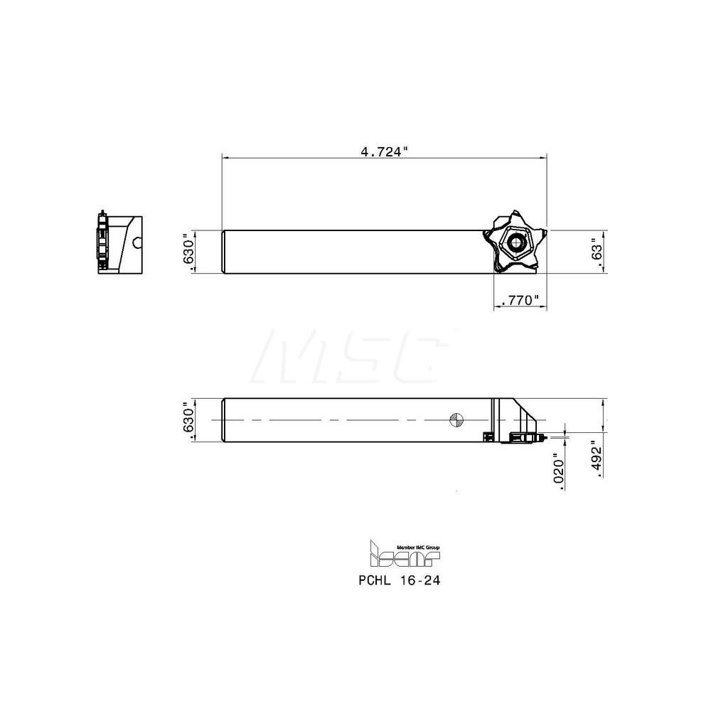 Iscar Indexable Grooving-Cutoff Toolholder: PCHL 16-24, 0.5 to 3.2 mm Groove Width, 6.5 mm Max Depth of Cut, Left Hand - 2301612