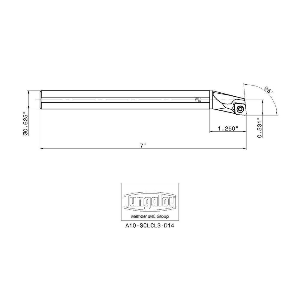 Tungaloy Indexable Boring Bar: A10-SCLCL3-D14, 7/8" Min Bore, 5/8" Shank Dia, 95 deg Lead, Steel - 6862382