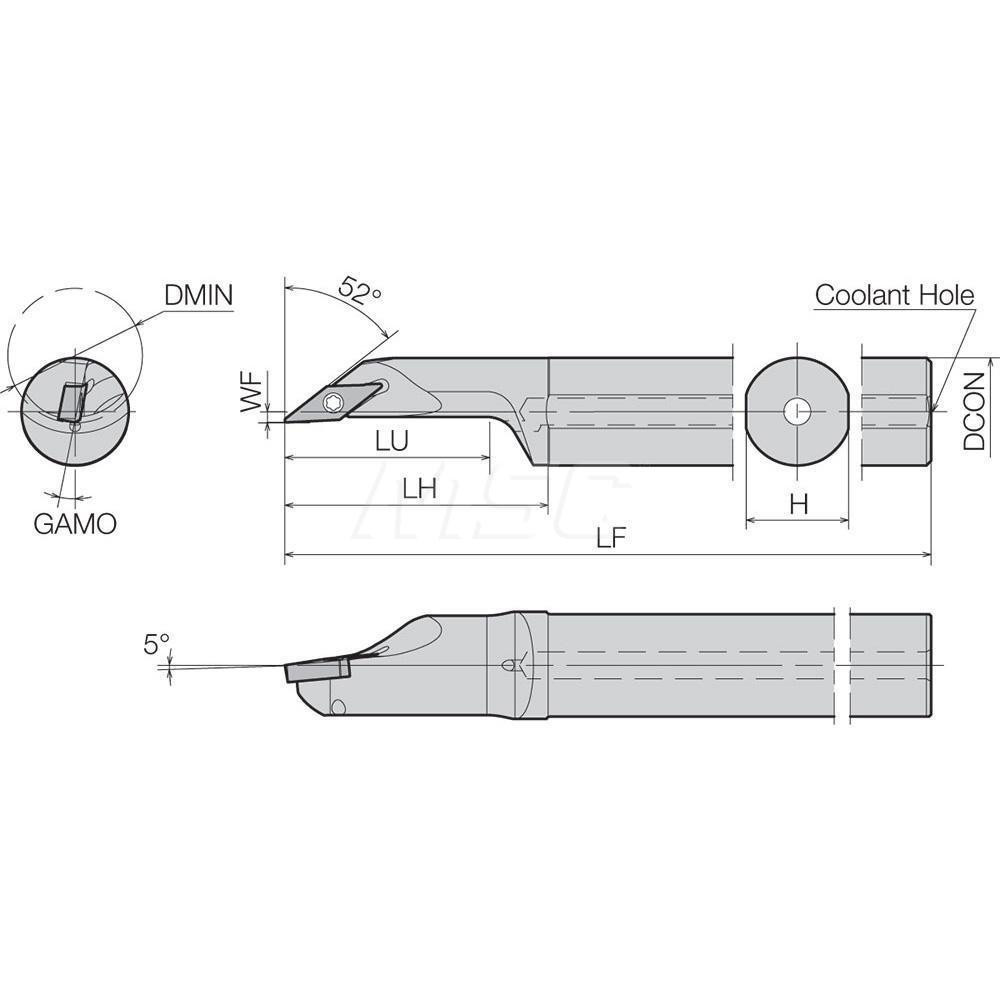 Kyocera Indexable Boring Bar: A12SSVJBR2AE, 0.984" Min Bore Dia, Right Hand Cut, 3/4" Shank Dia, 52 ° Lead Angle, Steel - THC14031