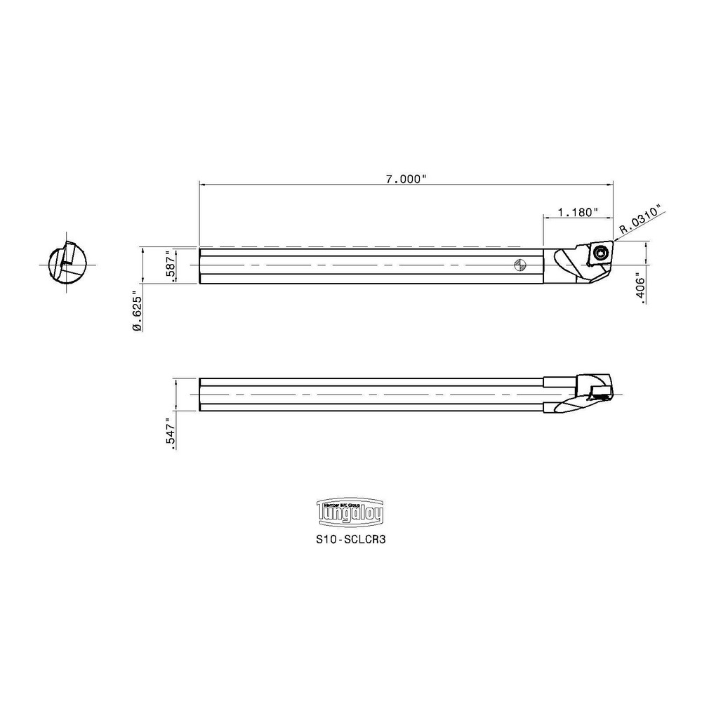 Tungaloy Indexable Boring Bar: S10-SCLCR3, 0.8130" Min Bore, Right Hand, 95 deg Lead, Steel (Shank) - 6805960