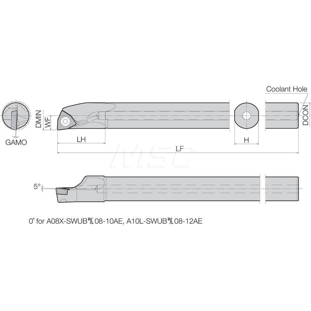 Kyocera Indexable Boring Bar: A06MSWUBR15AE, 0.4720" Min Bore, Right Hand, 3 deg Lead, Steel - THC14045