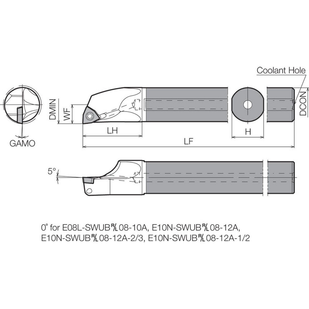 Kyocera Indexable Boring Bar: E08LSWUBR0810AN, 10.00 mm Min Bore, Right Hand, 8.00 mm Shank Dia, Steel & Solid Carbide - THC14572