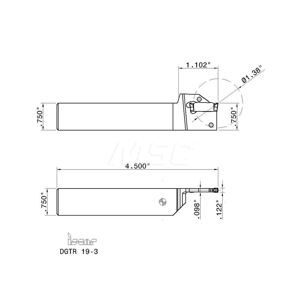 Iscar Indexable Grooving-Cutoff Toolholder: DGTR 19-3, 0.118 to 1/8" Groove Width, Right Hand - 2301286
