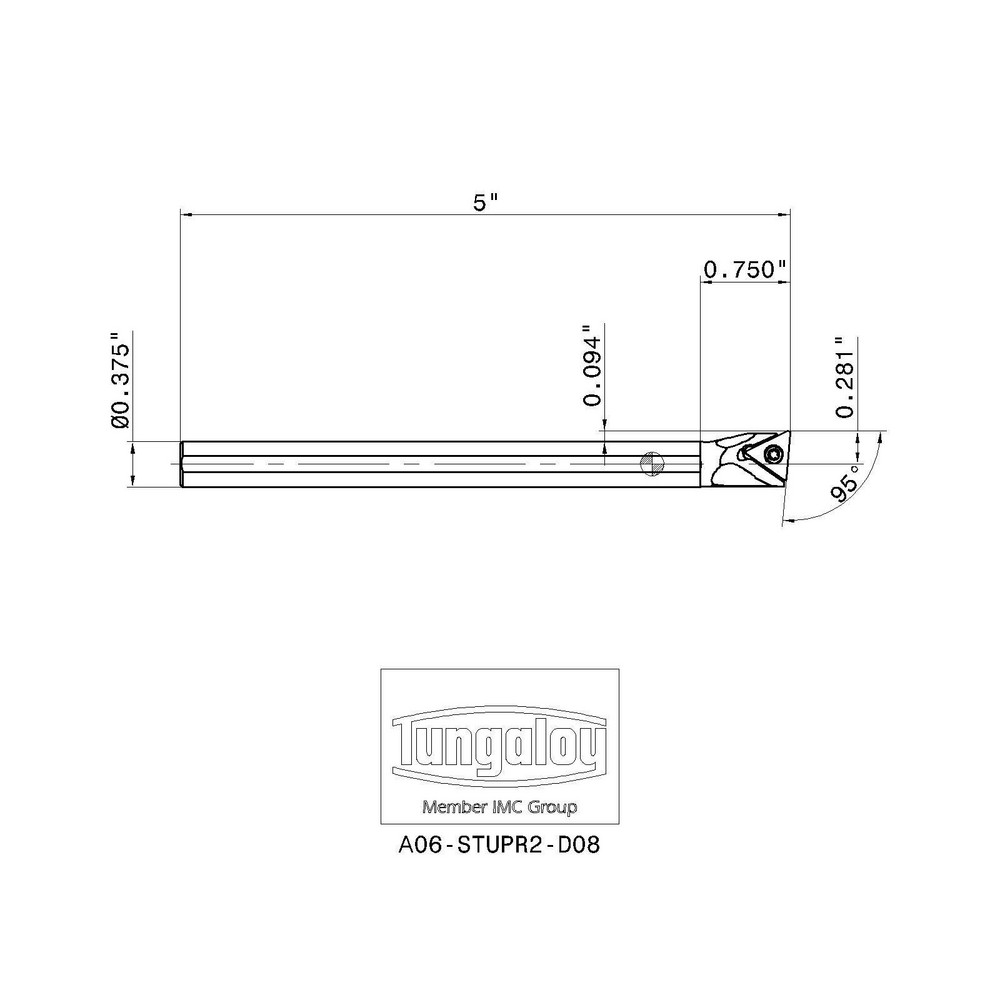 Tungaloy Indexable Boring Bar: A06-STUPR2-D08, 1/2" Min Bore, 3/8" Shank Dia, 95 deg Lead, Steel - 6850465