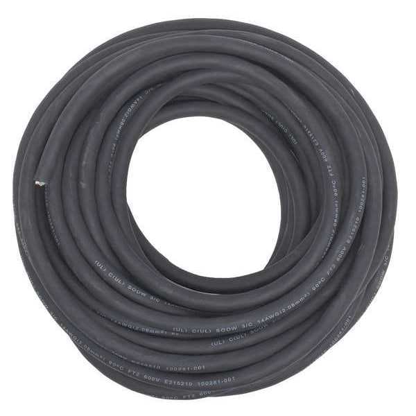 Zoro Select Portable Cord, SOOW, 14 AWG, 3 C, Black, Rubber, Stranded, 600V, Indoor/Outdoor - E3699