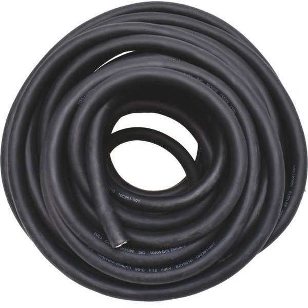 Zoro Select Portable Cord, SOOW, 10 AWG, 3 C, Black, Rubber, Stranded, 600V, Indoor/Outdoor - E3662