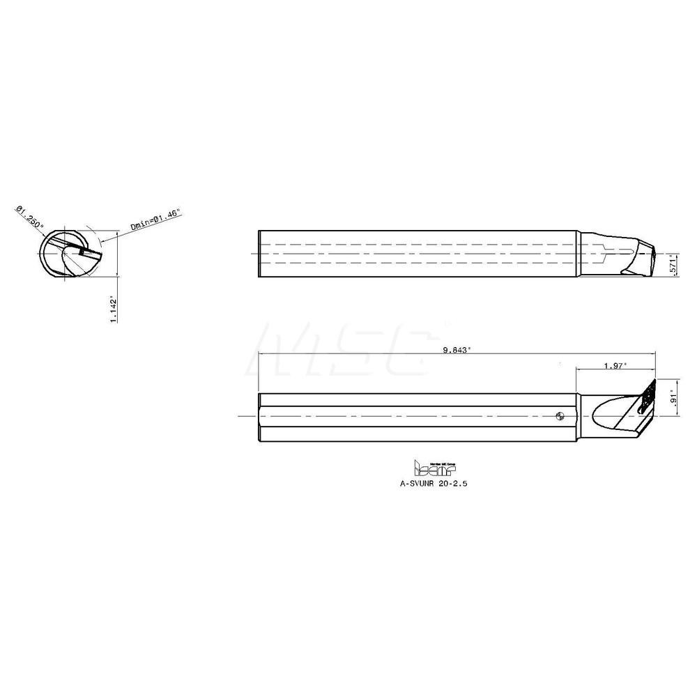 Iscar Indexable Boring Bar: A-SVUNR 20-2.5, 1.4600" Min Bore, Right Hand - 3601238