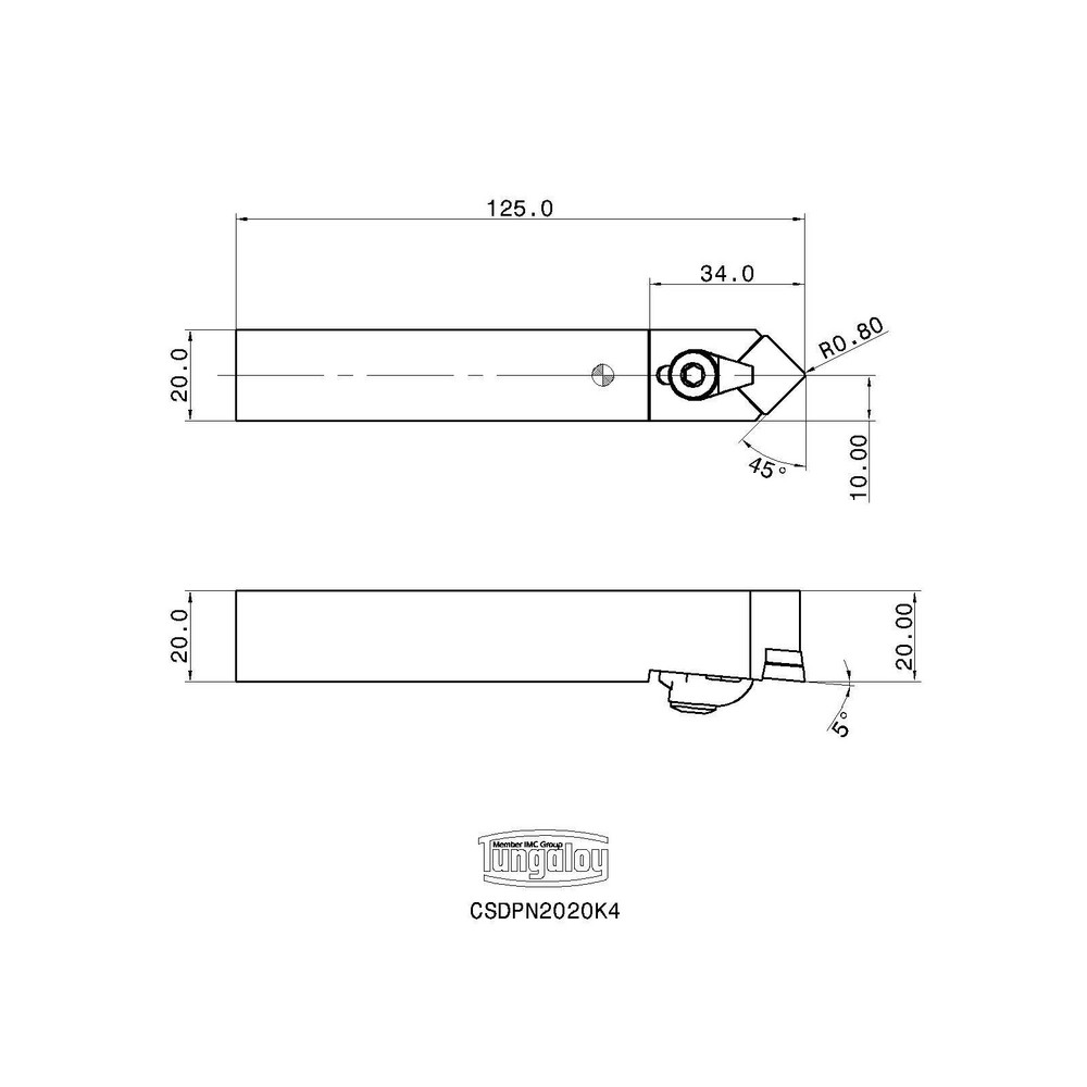 Tungaloy Indexable Turning Toolholder: CSDPN2020K4, 45 deg Lead Angle, Clamp - 6802487