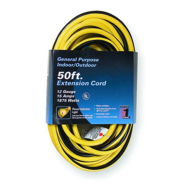 Power First SJTW Extension Cord, 12 AWG, Outdoor, 12/3, 1 Outlets, 5-15R, Yellow with Black Stripe, PVC, 5-15P - 3EB10