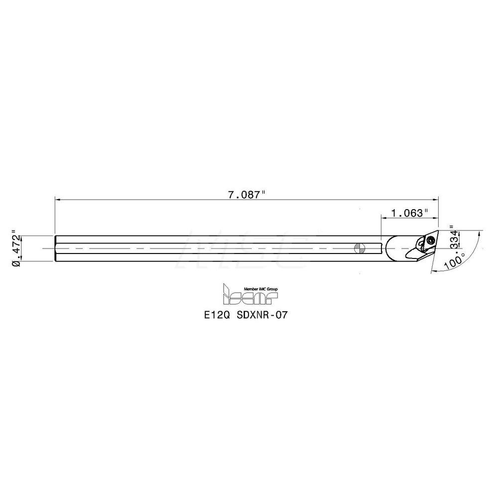 Iscar Indexable Boring Bar: E12Q SDXNR-07, 16.00 mm Min Bore, Right Hand, 12.00 mm Shank Dia, 100 deg Lead - 6888931