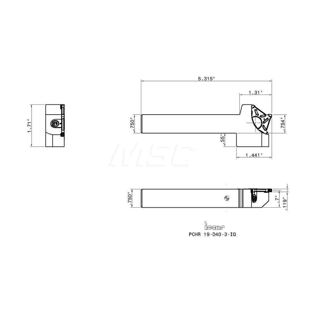 Iscar Indexable Grooving-Cutoff Toolholder: PCHR19D403IQ, 3 mm Min Groove Width, 20 mm Max Depth of Cut, Right Hand - 2302579