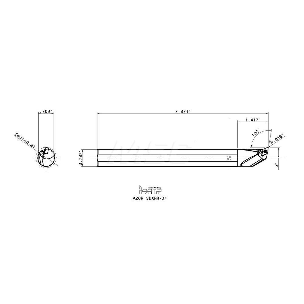 Iscar Indexable Boring Bar: A20R SDXNR-07, 24.00 mm Min Bore, Right Hand, 20.00 mm Shank Dia, 100 deg Lead - 3487875