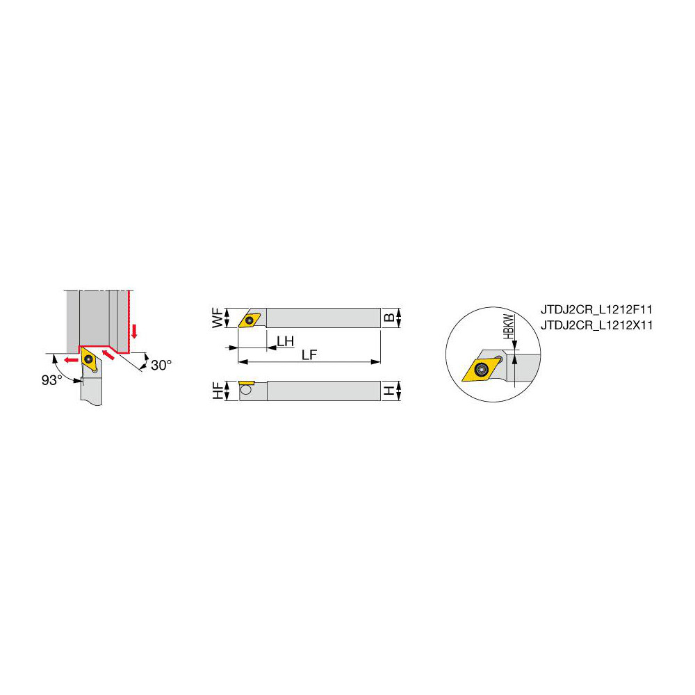 Tungaloy Indexable Turning Toolholder: JTDJ2CR1212X11, 93 deg Lead Angle, Clamp - 6716208