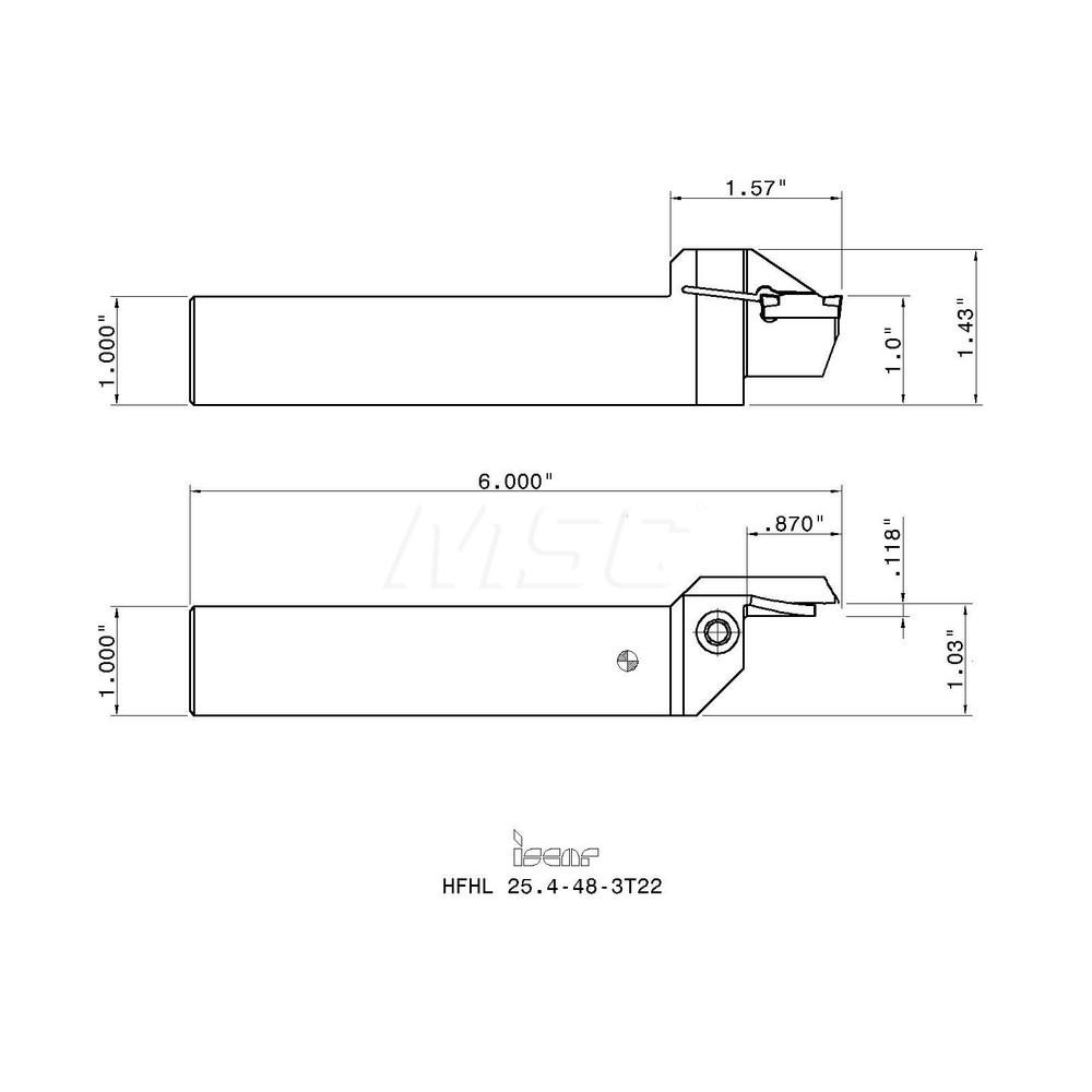 Iscar Indexable Grooving Toolholder: HFHL 25.4-48-3T22, External, Left Hand, 2.36" Max Workpiece Dia - 2500096