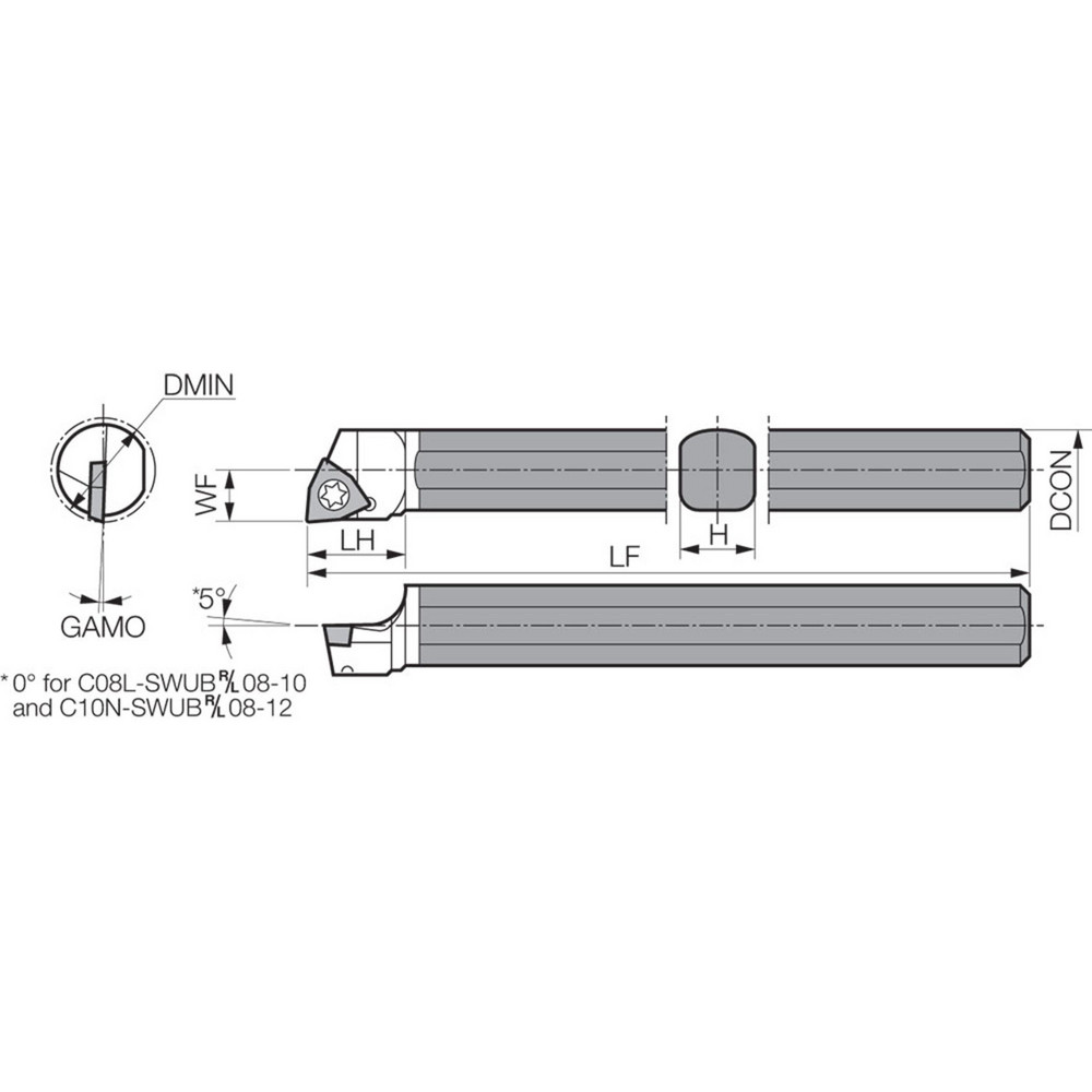 Kyocera Indexable Boring Bar: C0325KSWUBL12, 0.2400" Min Bore, Left Hand, Steel & Solid Carbide - THC89123