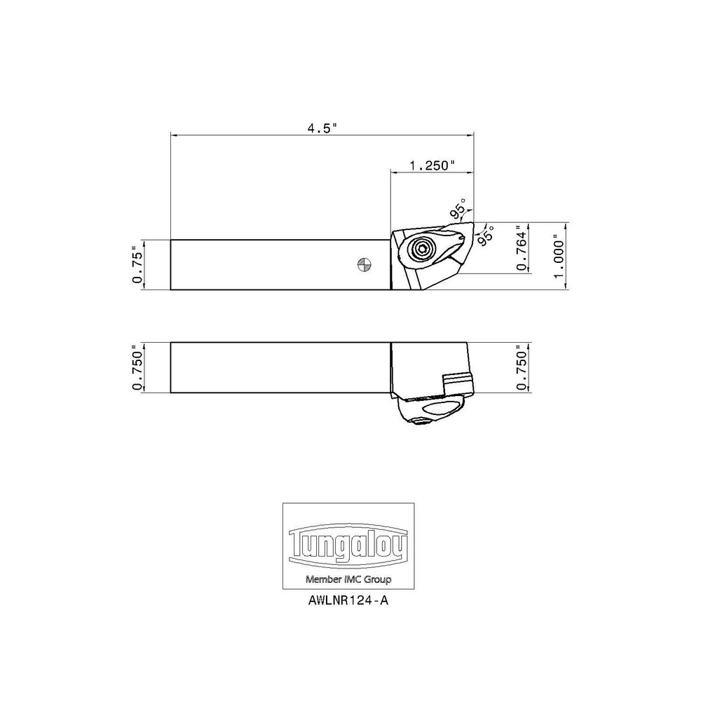 Tungaloy Indexable Turning Toolholder: AWLNR124-A, 95 deg Lead Angle, Clamp - 6853120