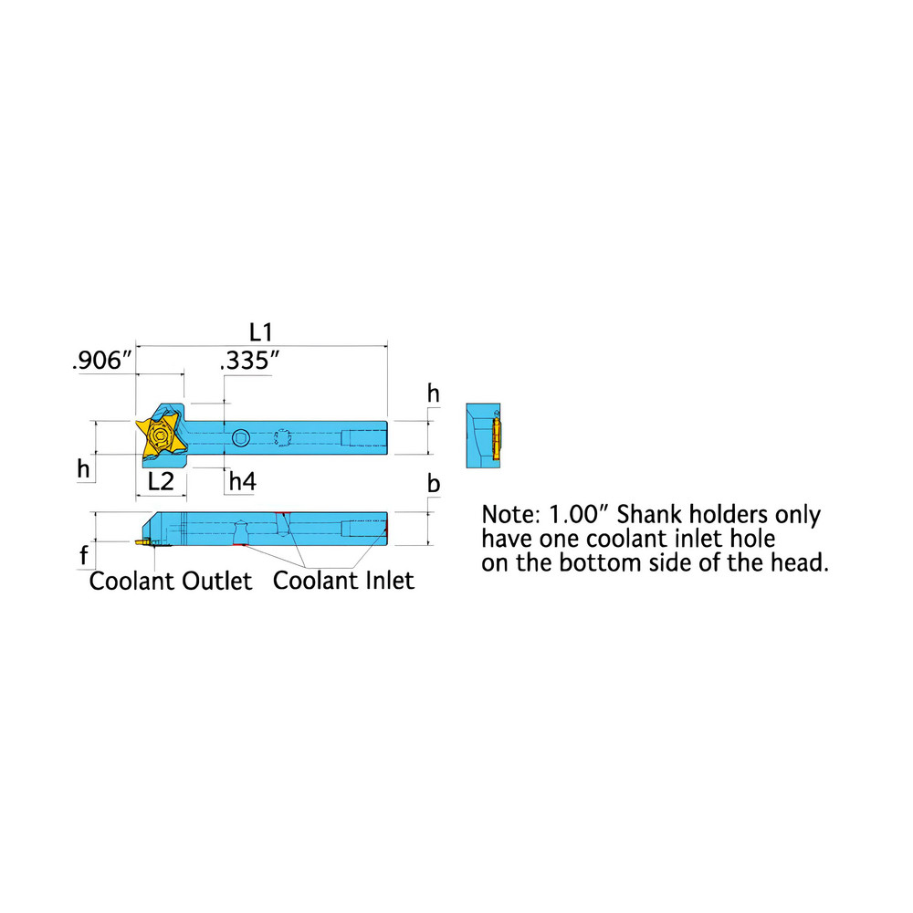 Ingersoll Cutting Tools Indexable Grooving-Cutoff Toolholder: TQHR19-27-TB, 0.02 to 1/8" Groove Width, 0.252" Max Depth of Cut, Right Hand - 6138849
