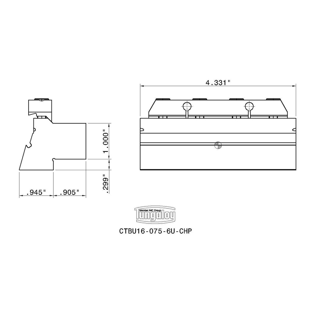 Tungaloy Tool Block Style CTBU-CHP, 4.331" OAL, Indexable Cutoff Blade Tool Block - 6734893