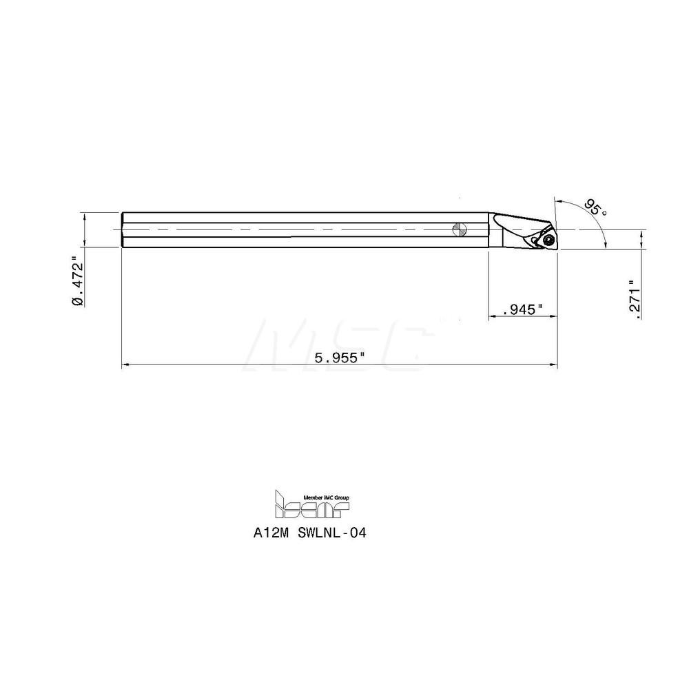 Iscar Indexable Boring Bar: A12M SWLNL-04, 14.00 mm Min Bore, Left Hand, 12.00 mm Shank Dia, 95 deg Lead - 6989899