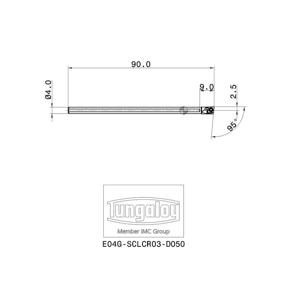 Tungaloy Indexable Boring Bar: E04G-SCLCR03-D050, 5.00 mm Min Bore, Right Hand, 4.00 mm Shank Dia, 95 deg Lead, Solid Carbide - 6862271