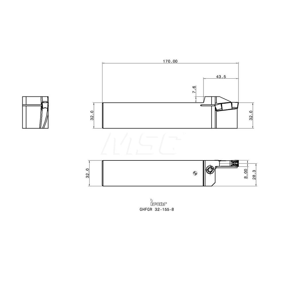 Iscar Indexable Grooving Toolholder: GHFGR 32-155-8, Internal or External, Right Hand, 510 mm Max Workpiece Dia - 2800226