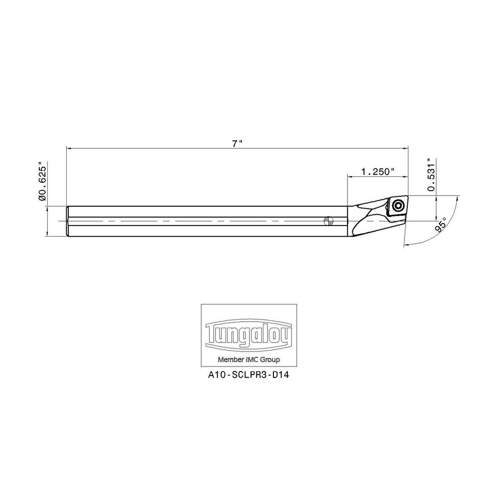 Tungaloy Indexable Boring Bar: CTIR16-2T08-D250, 25 mm Min Bore Dia, Right Hand Cut, 16 mm Shank Dia - 6860676