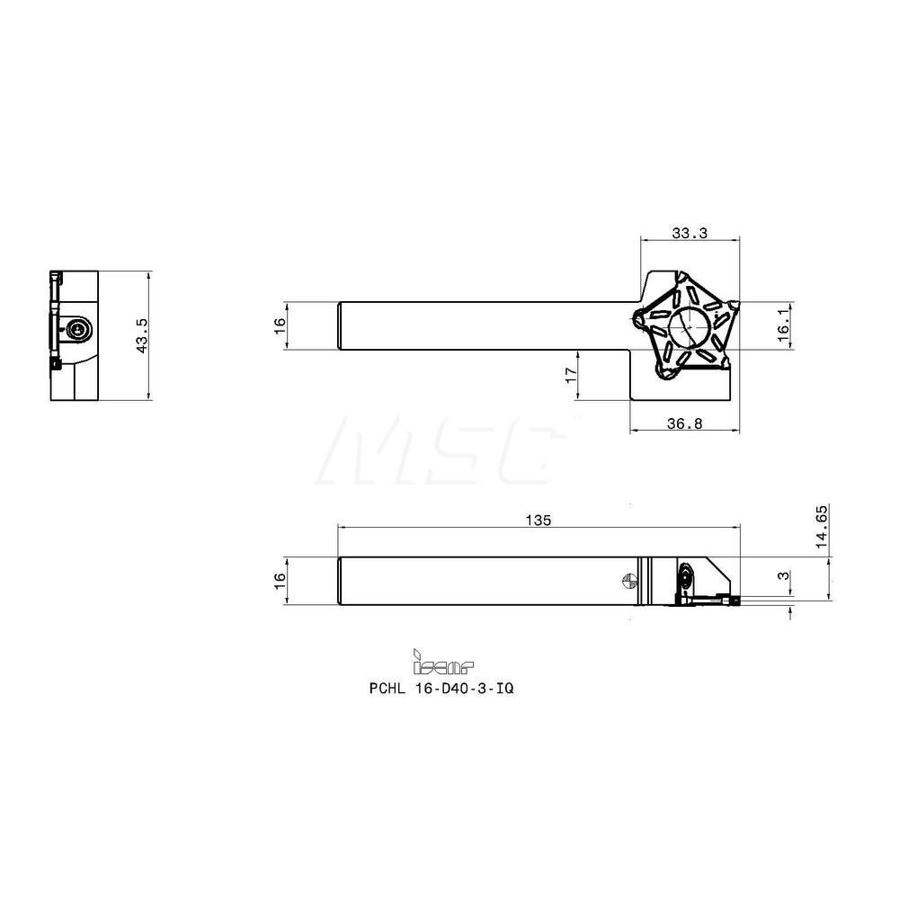 Iscar Indexable Grooving-Cutoff Toolholder: PCHL16D403IQ, 3 to 3.2 mm Groove Width, 20 mm Max Depth of Cut, Left Hand - 2302573