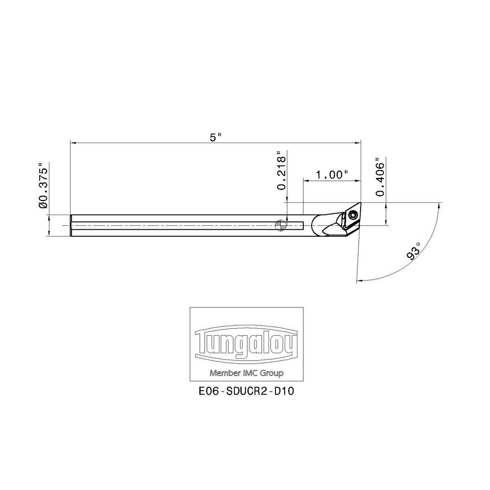 Tungaloy Indexable Boring Bar: E06-SDUCR2-D10, 5/8" Min Bore, 3/8" Shank Dia, 93 deg Lead, Solid Carbide - 6850438