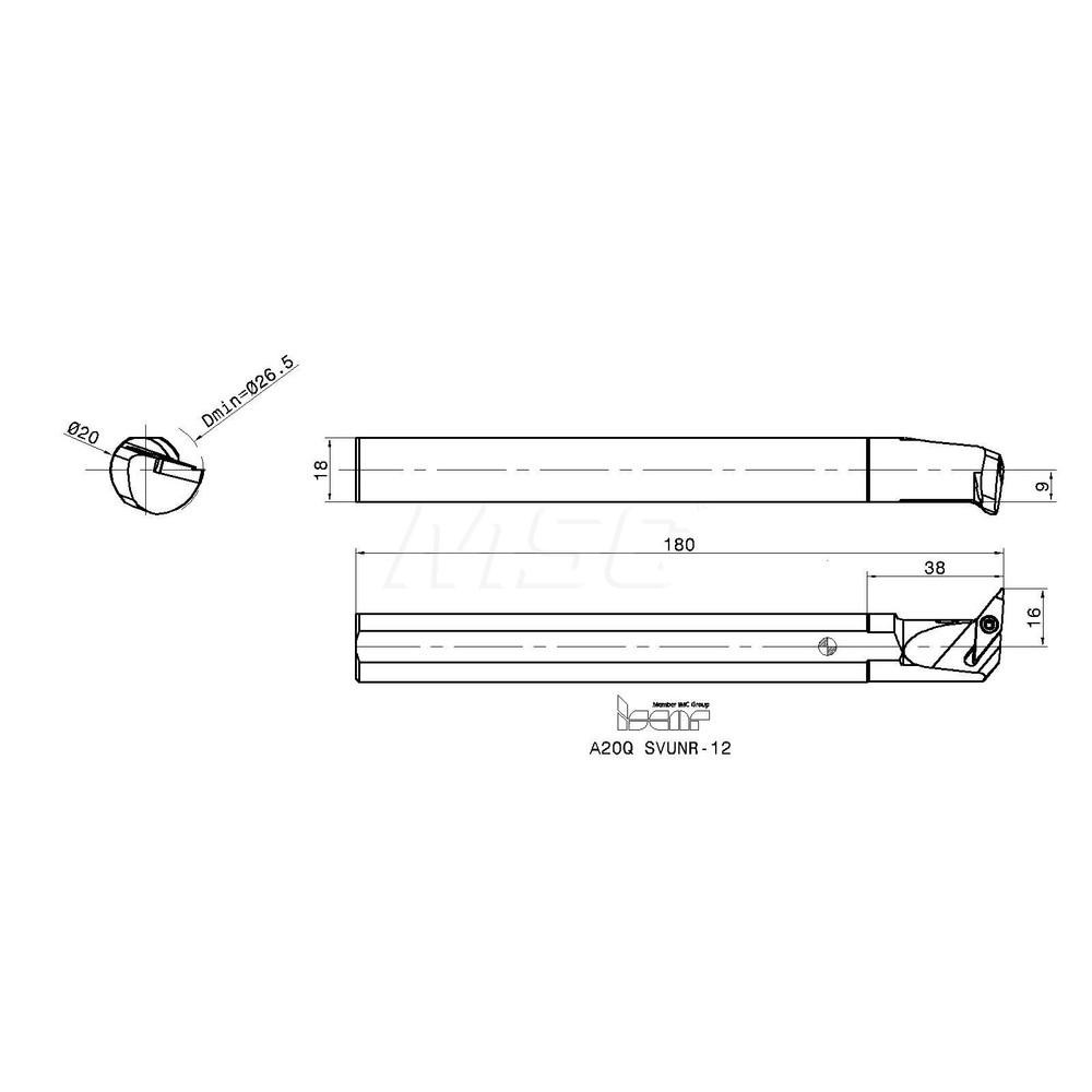 Iscar Indexable Boring Bar: A20QSVUNR12, 26.50 mm Min Bore, Right Hand, 20.00 mm Shank Dia, Steel - 3601168