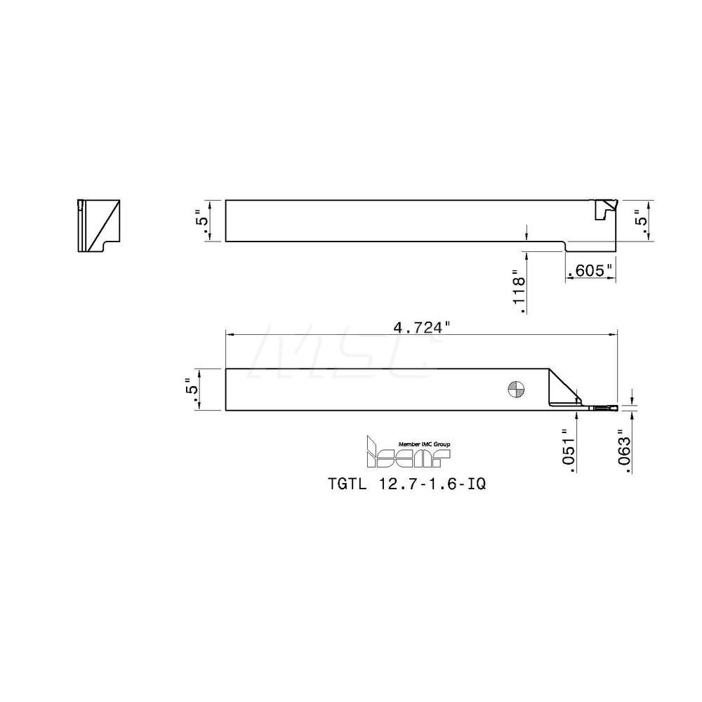 Iscar Indexable Grooving-Cutoff Toolholder: TGTL12.7-1.6-IQ, 0.063 to 0.065" Groove Width, Left Hand - 2302868