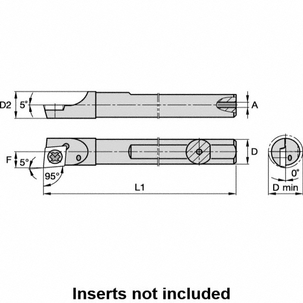 Kennametal Indexable Boring Bar: S03SCLDL12, 0.2300" Min Bore, Left Hand, 5 deg Lead, Steel - 1288862