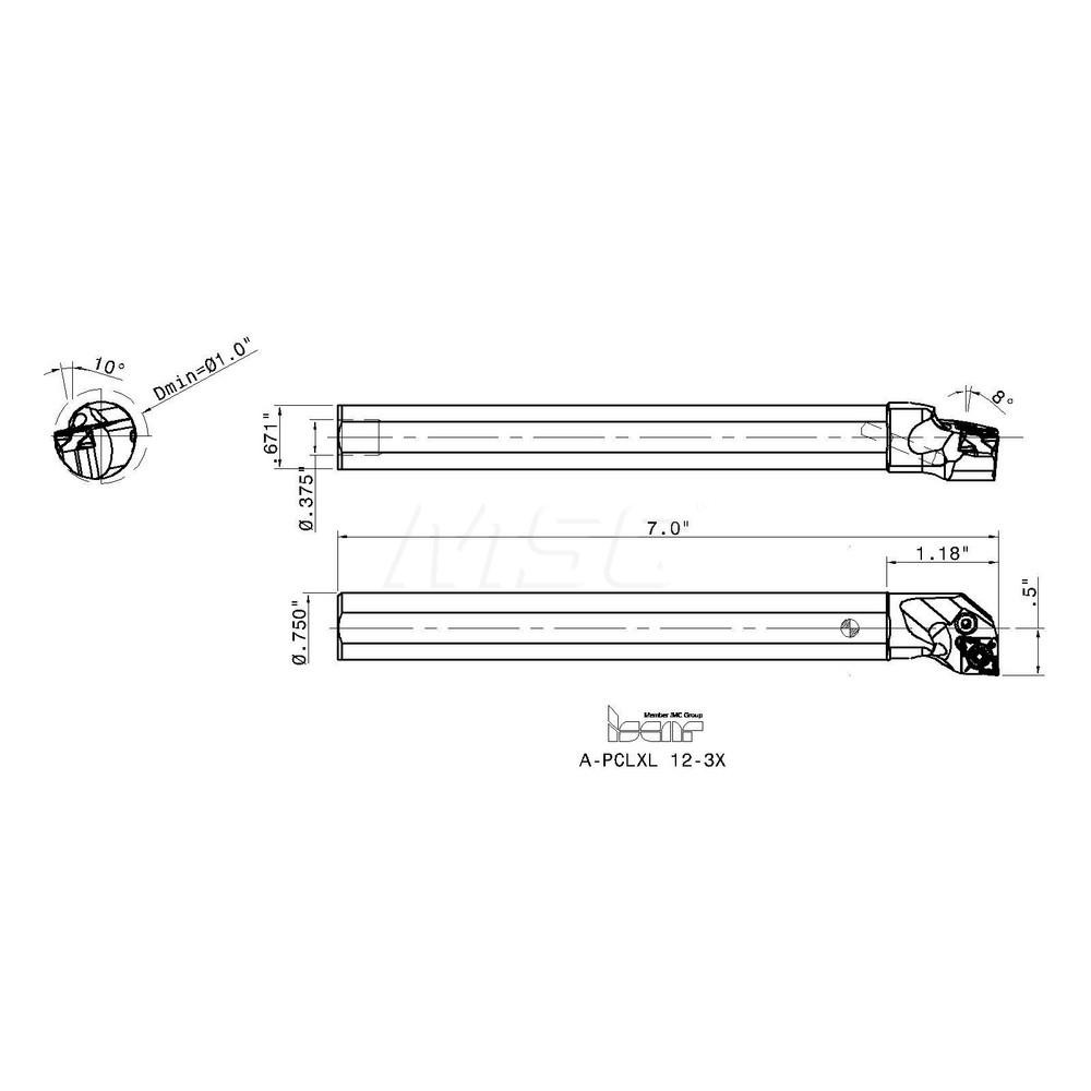 Iscar Indexable Boring Bar: A-PCLXL 12-3X, 1" Min Bore, Left Hand, 3/4" Shank Dia - 3346714