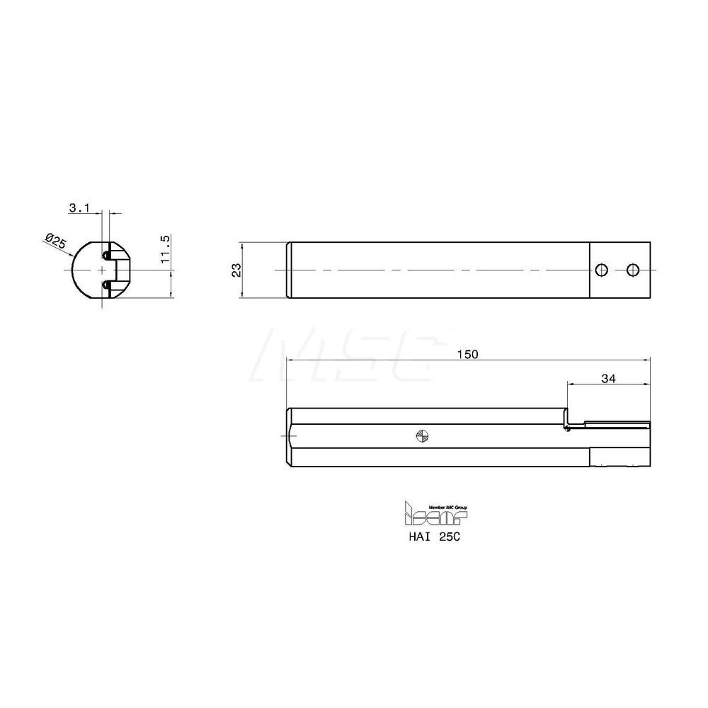 Iscar Indexable Boring Bar: HAI25C, 25 mm Min Bore Dia, Neutral Cut, 25 mm Shank Dia, Steel - 2500369