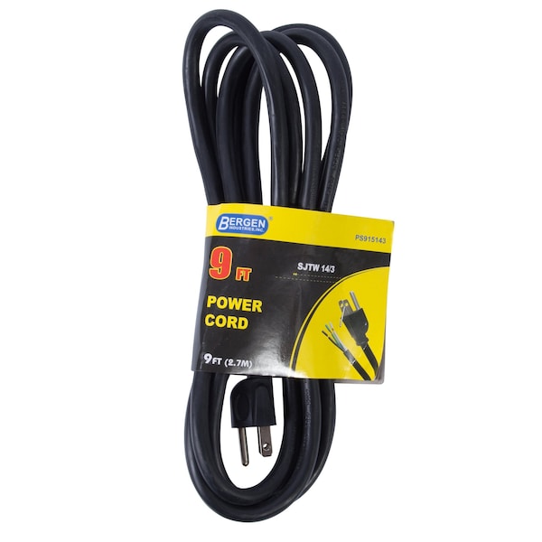 Bergen Industries Power Cord, 3-Wire, 15A, 9 ft, SJTW, 14/3 - PS915143