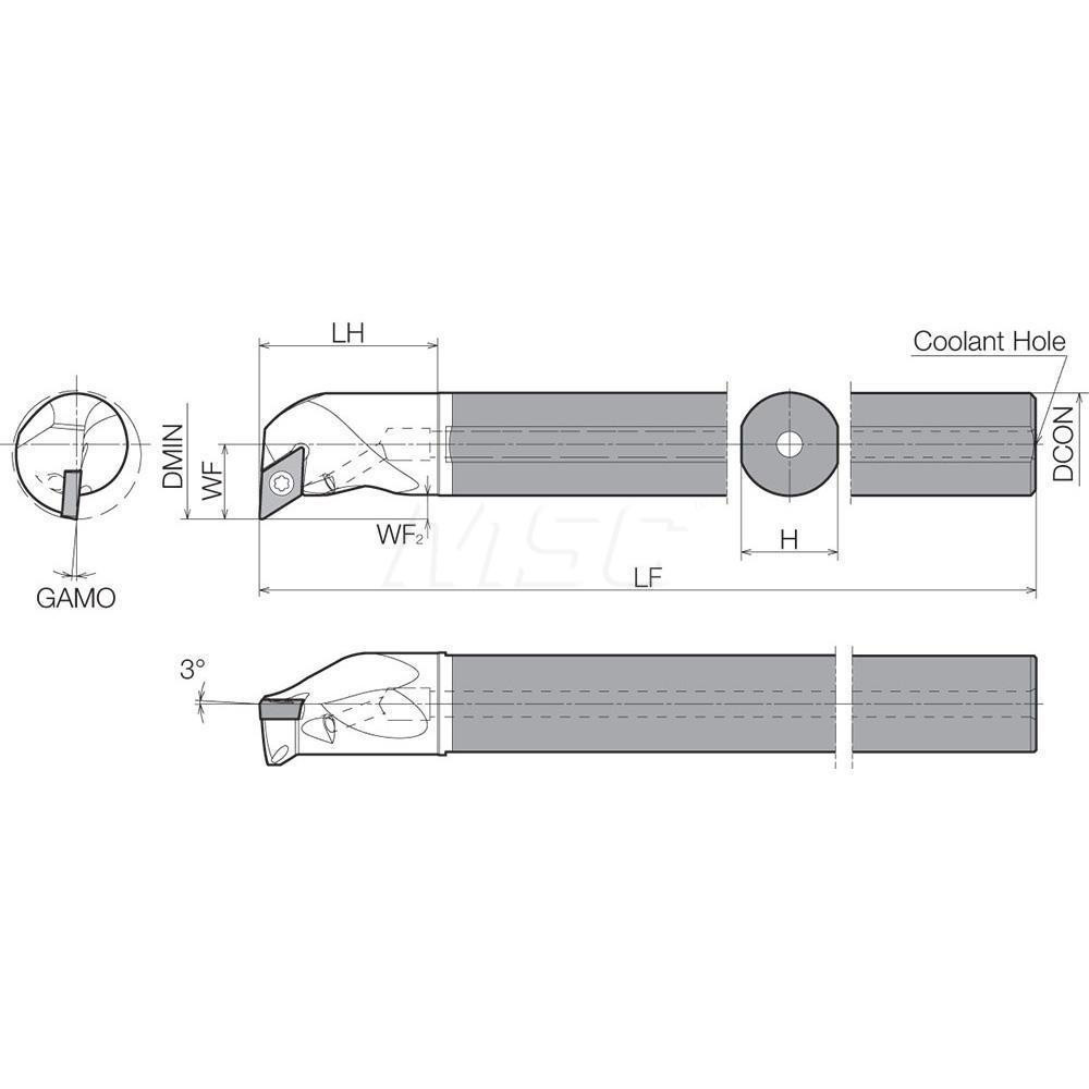 Kyocera Indexable Boring Bar: E10NSDQCR0713A, 13.00 mm Min Bore, Right Hand, 10.00 mm Shank Dia, 17.5 deg Lead, Solid Carbide - THC13902
