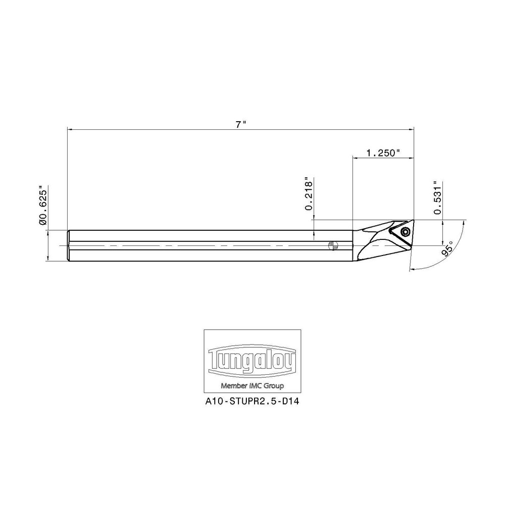 Tungaloy Indexable Boring Bar: A10-STUPR2.5-D14, 0.8750" Min Bore, Right Hand, 95 deg Lead, Steel (Shank) - 6850462