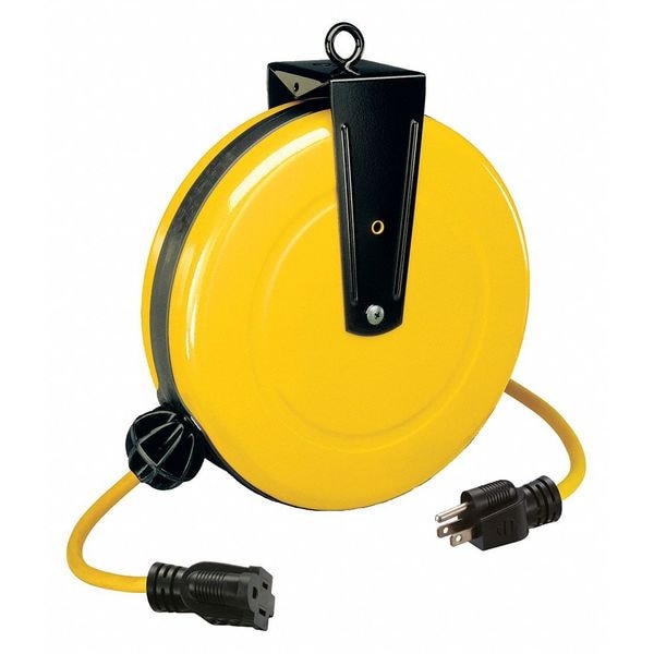 Lumapro Extension Cord Reel, 14 AWG, 30 ft, 13 A, SJTW, 125V AC, NEMA 5-15, Single Connector, Yellow - 436G97