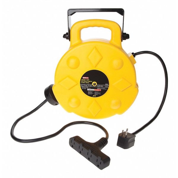 Bayco Retractable Cord Reel, 12 AWG, 2 ft, SJT, 120V AC, NEMA 5-15, Quad Tap Connector, Grounding Plug - SL-8904