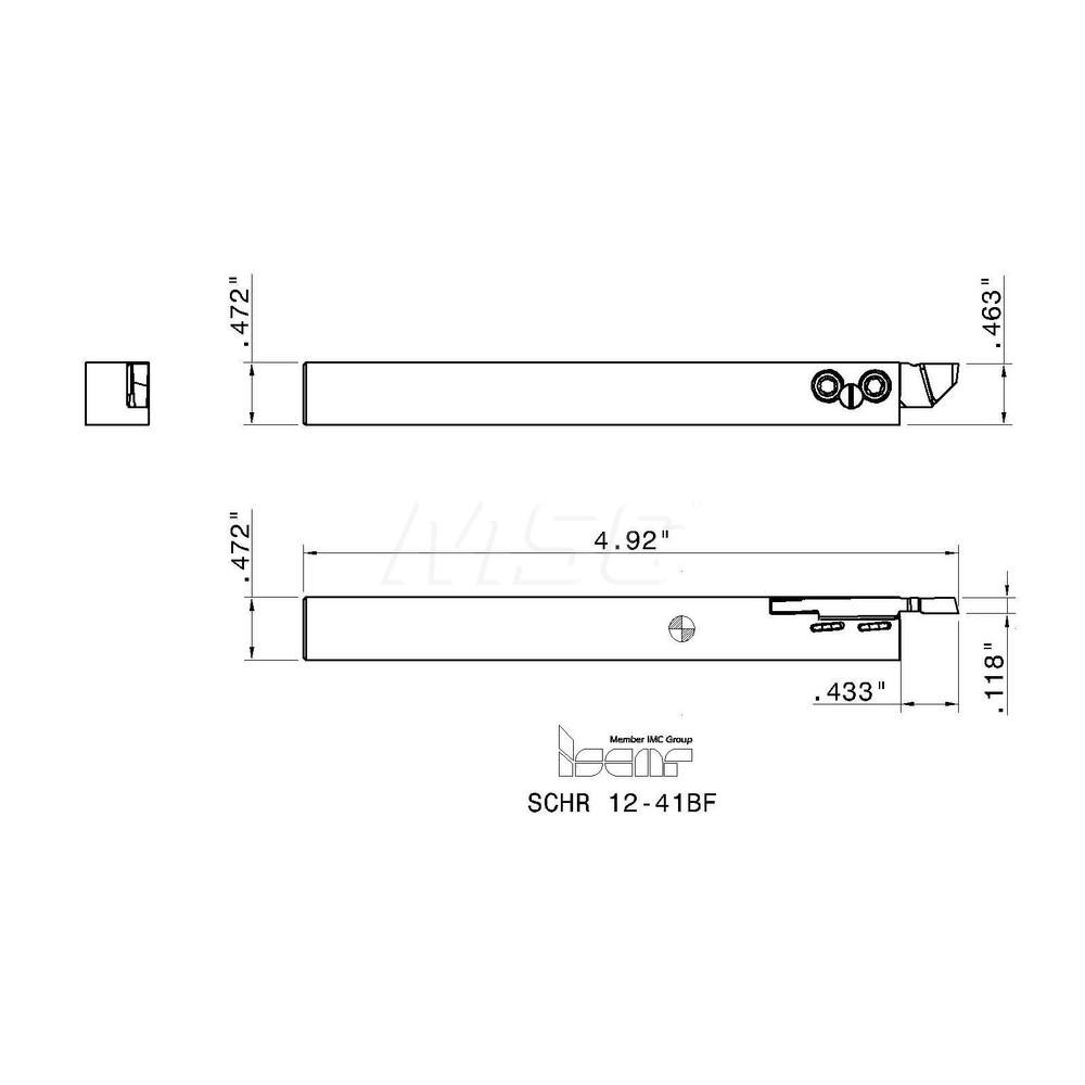 Iscar Indexable Grooving-Cutoff Toolholder: SCHR 12-41BF, 1 to 3 mm Groove Width, 11 mm Max Depth of Cut, Right Hand - 3310167