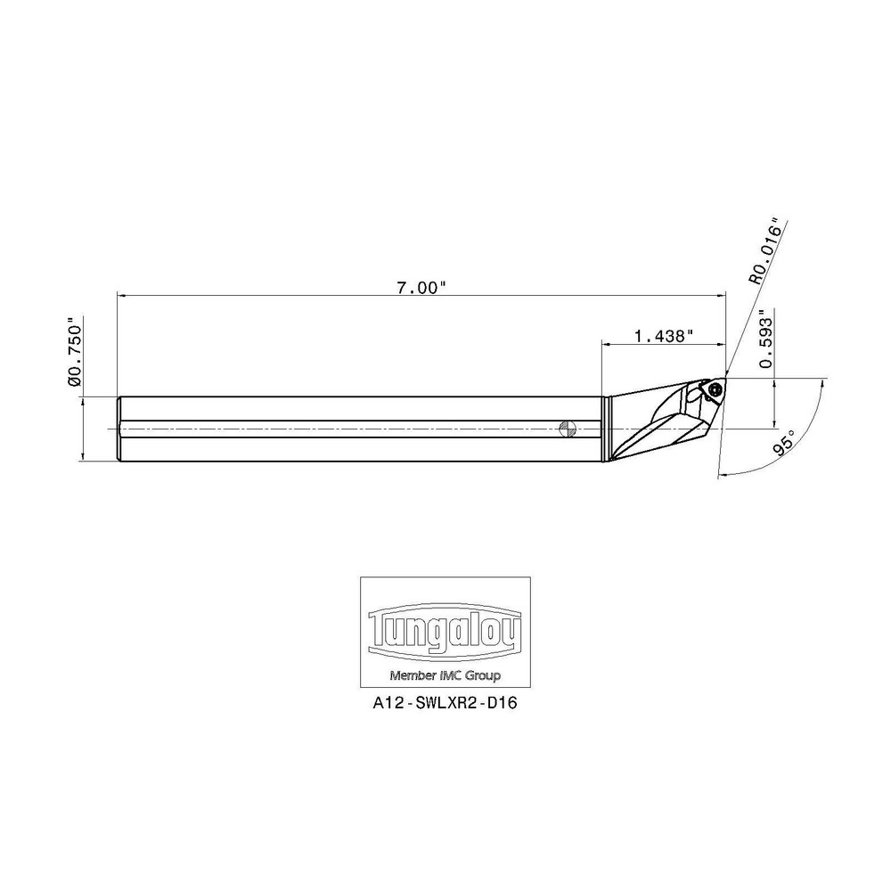 Tungaloy Indexable Boring Bar: A12-SWLXR2-D16, 1.0000" Min Bore, Right Hand, 95 deg Lead, Steel - 6990701