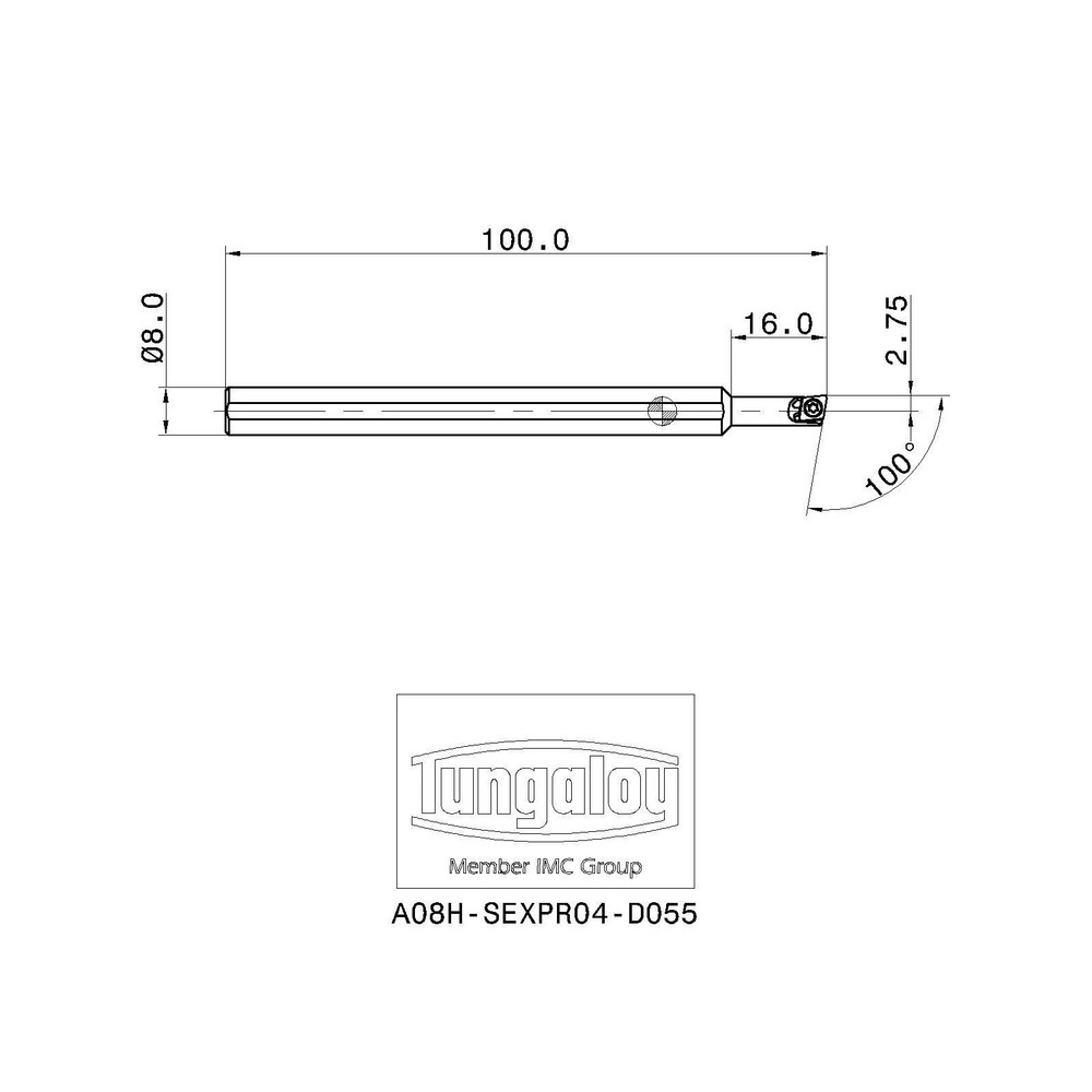 Tungaloy Indexable Boring Bar: A08H-SEXPR04-D055, 5.50 mm Min Bore, 8.00 mm Shank Dia, 100 deg Lead, Steel - 6848849