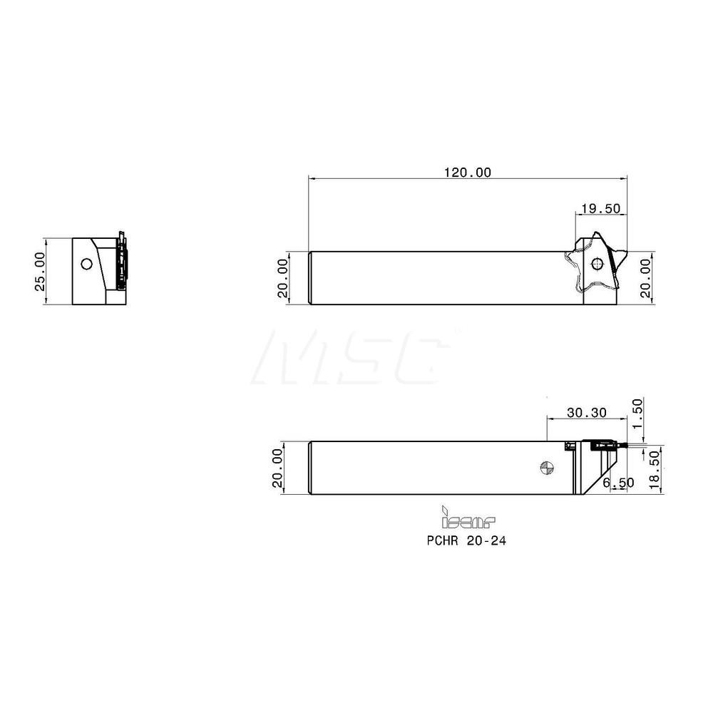 Iscar Indexable Grooving-Cutoff Toolholder: PCHR 20-24, 0.5 to 3.2 mm Groove Width, 6.5 mm Max Depth of Cut, Right Hand - 2301624